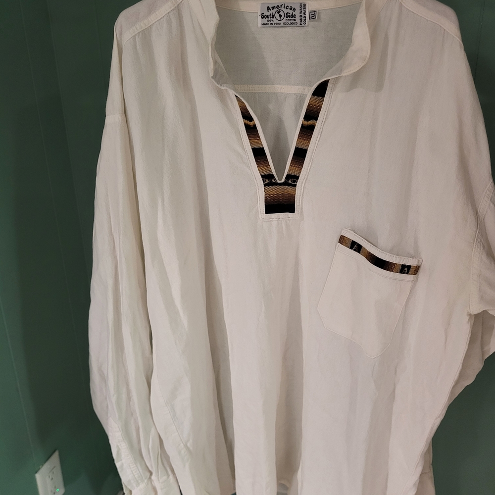 Boho White Cotton Tunic, Festival Wear, Eclectic Grandpa, Unisex, Peruvian